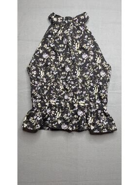 Pomelo Blouse Womens XXS Black Halter Sleeveless Floral Print Ruffle Peplum Top